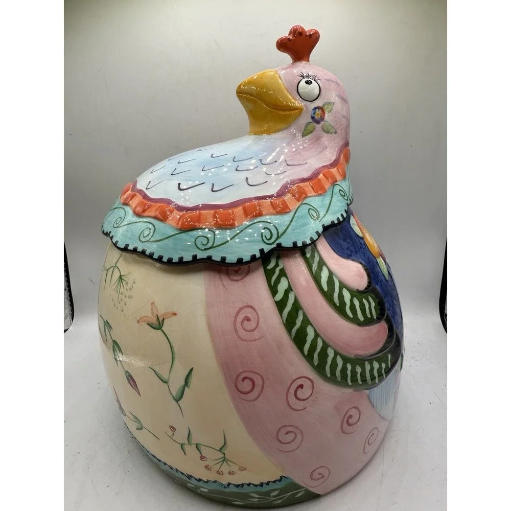 Fitz & Floyd Essentials Kitschy Goofy Eyed Gypsy Pattern Chicken Hen Cookie Jar